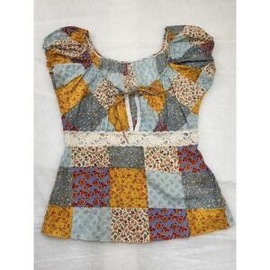 Vtg Revue 70s Patchwork Top Floral Prairie Boho Hippie Lace Peasant Blouse Mediu